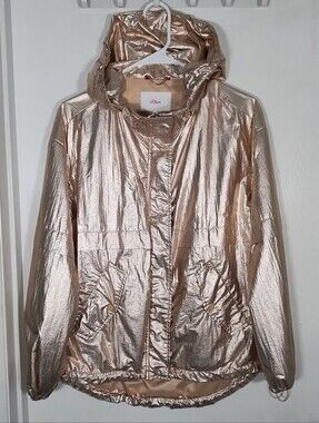 S.Oliver Champagne Gold Windbreaker Jacket Womens XS Full Zip Hood Pockets